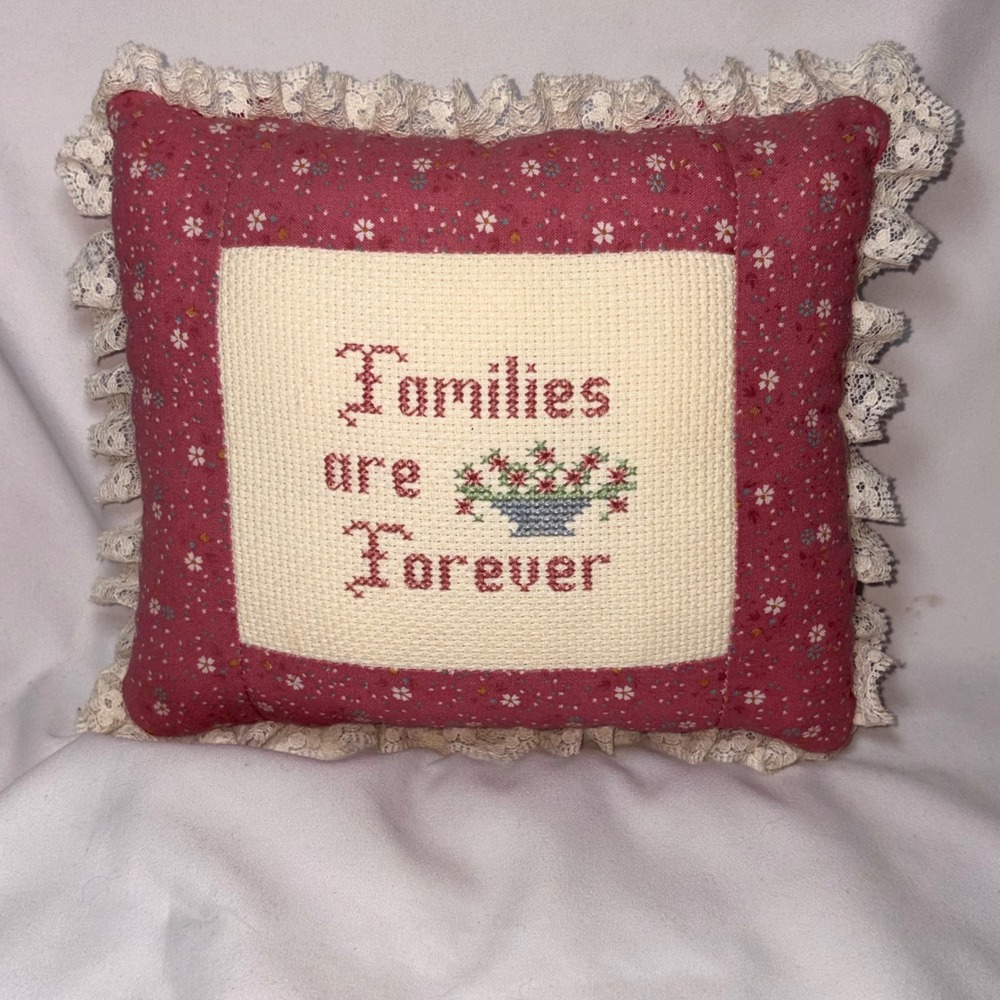 Vintage Cross Stitch Family Pillow Cottagecore Farmhouse Lace Accent Decor